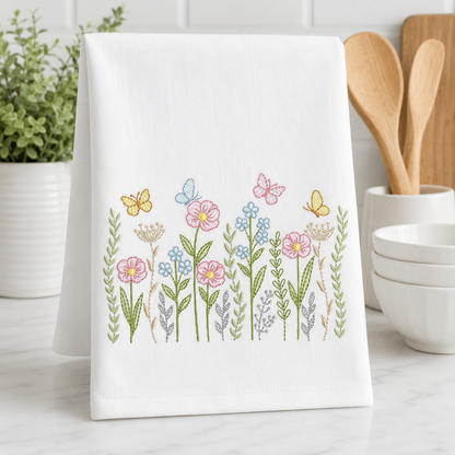 Flower Garden embroidery design - Flower and Butterfly machine embroidery pattern - Floral bouquet Kitchen Towel - Instant digital download pes jef dst