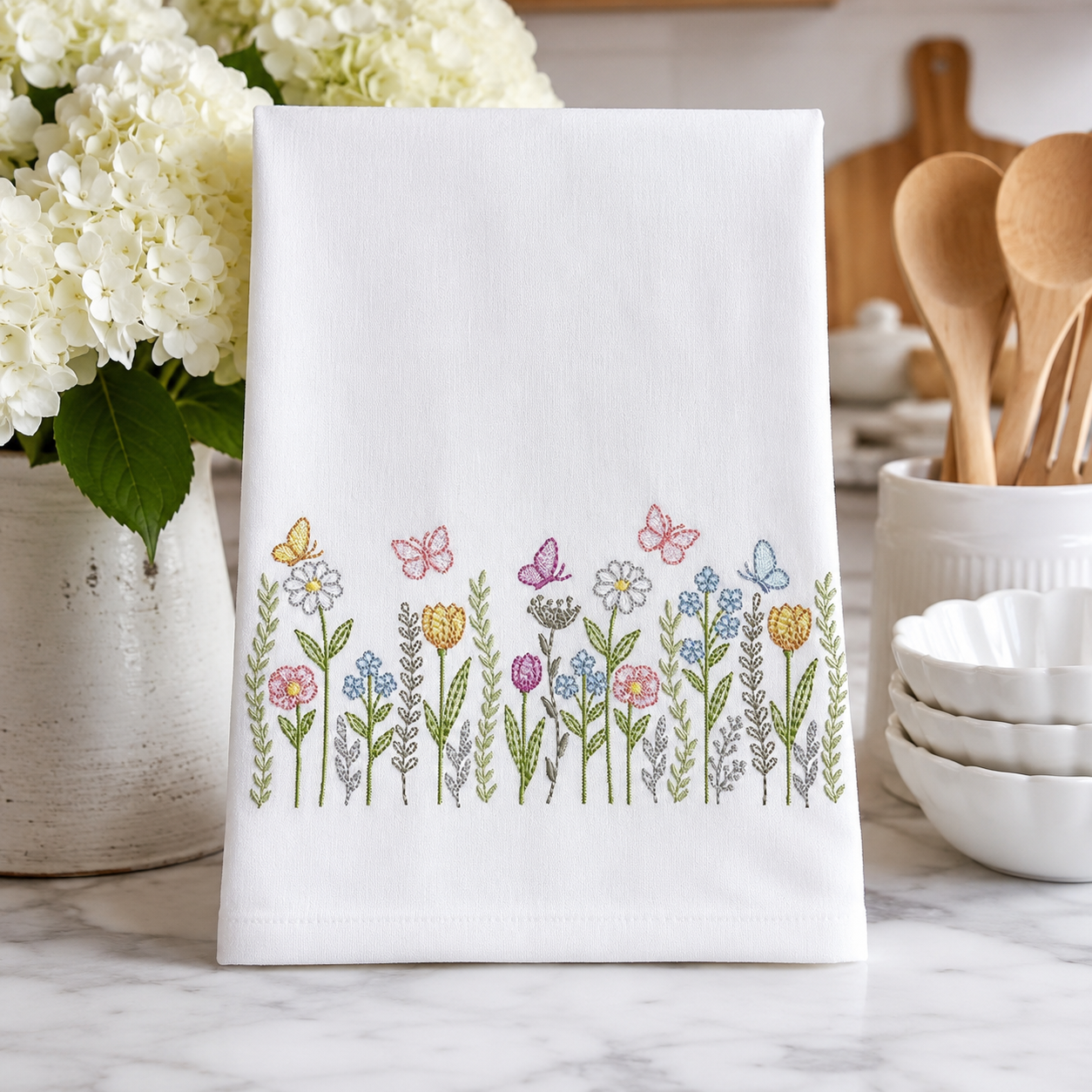 Flower Garden embroidery design - Flower and Butterfly machine embroidery pattern - Floral bouquet Kitchen Towel - Instant digital download pes jef dst