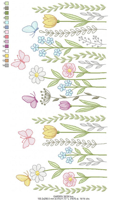 Flower Garden embroidery design - Flower and Butterfly machine embroidery pattern - Floral bouquet Kitchen Towel - Instant digital download pes jef dst