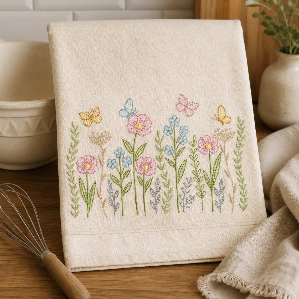 Flower Garden embroidery design - Flower and Butterfly machine embroidery pattern - Floral bouquet Kitchen Towel - Instant digital download pes jef dst