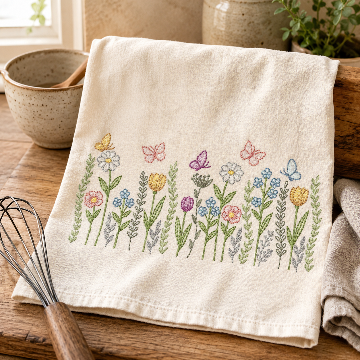 Flower Garden embroidery design - Flower and Butterfly machine embroidery pattern - Floral bouquet Kitchen Towel - Instant digital download pes jef dst