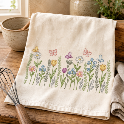 Flower Garden embroidery design - Flower and Butterfly machine embroidery pattern - Floral bouquet Kitchen Towel - Instant digital download pes jef dst