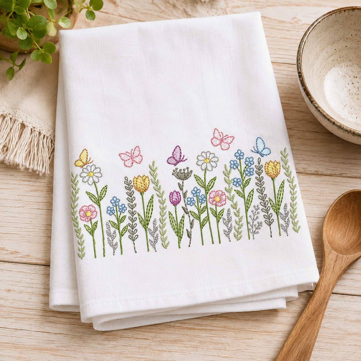 Flower Garden embroidery design - Flower and Butterfly machine embroidery pattern - Floral bouquet Kitchen Towel - Instant digital download pes jef dst