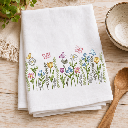 Flower Garden embroidery design - Flower and Butterfly machine embroidery pattern - Floral bouquet Kitchen Towel - Instant digital download pes jef dst