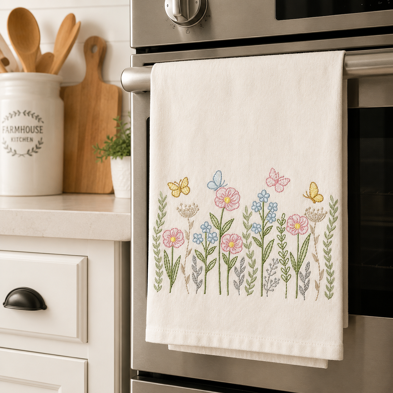 Flower Garden embroidery design - Flower and Butterfly machine embroidery pattern - Floral bouquet Kitchen Towel - Instant digital download pes jef dst