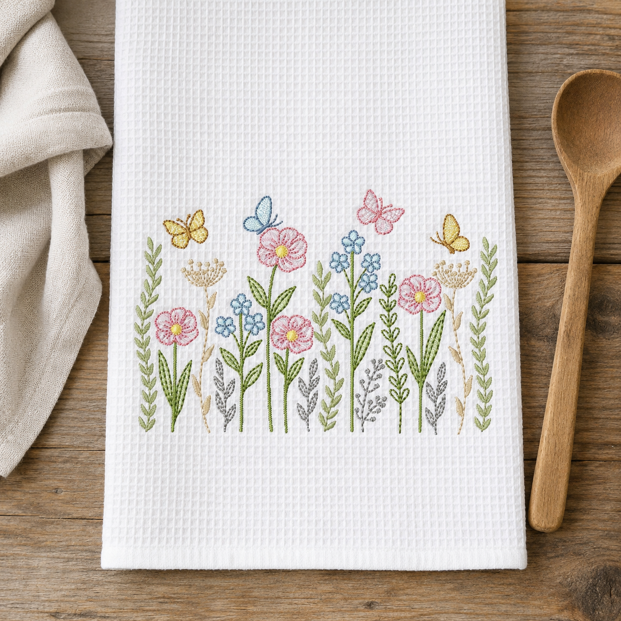 Flower Garden embroidery design - Flower and Butterfly machine embroidery pattern - Floral bouquet Kitchen Towel - Instant digital download pes jef dst