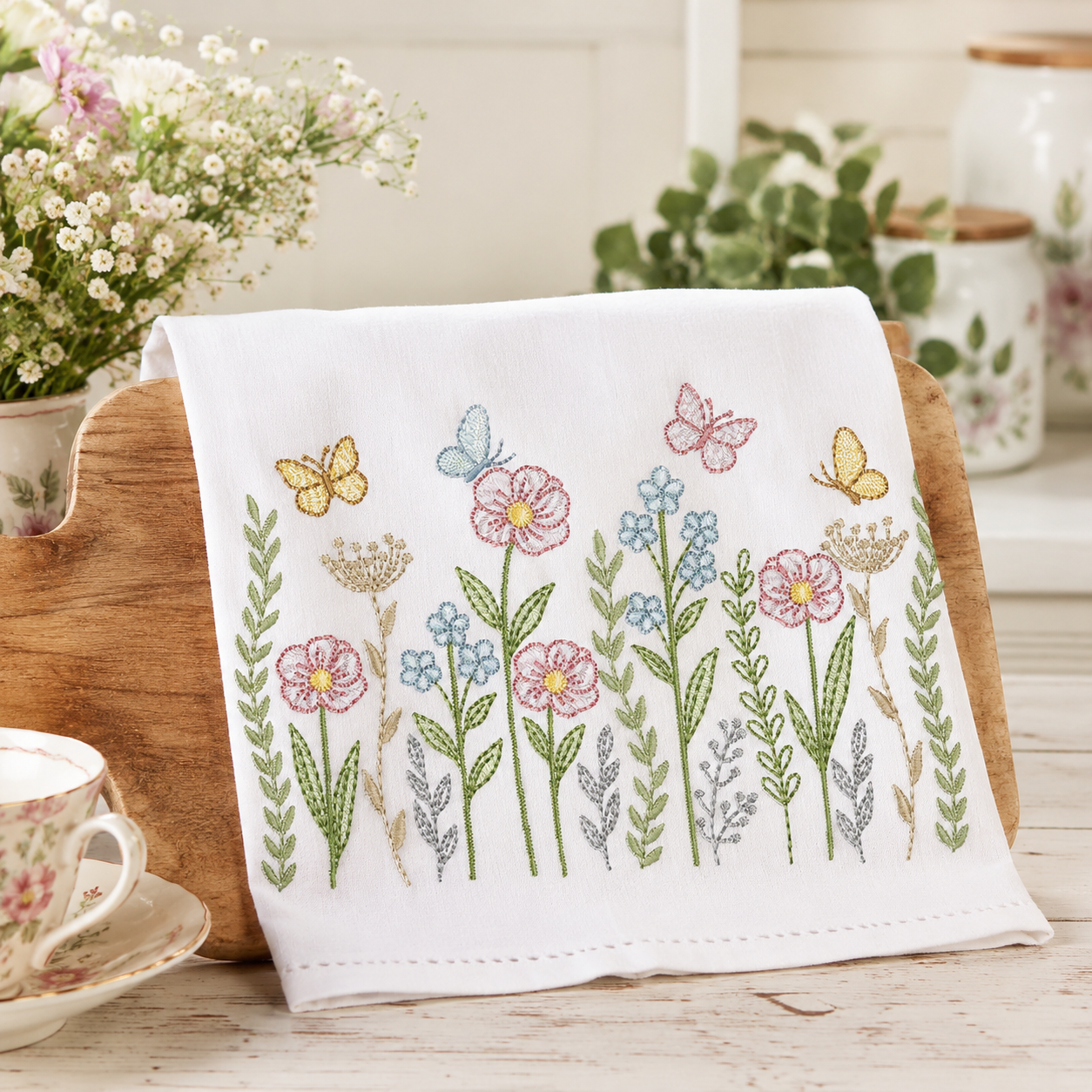 Flower Garden embroidery design - Flower and Butterfly machine embroidery pattern - Floral bouquet Kitchen Towel - Instant digital download pes jef dst