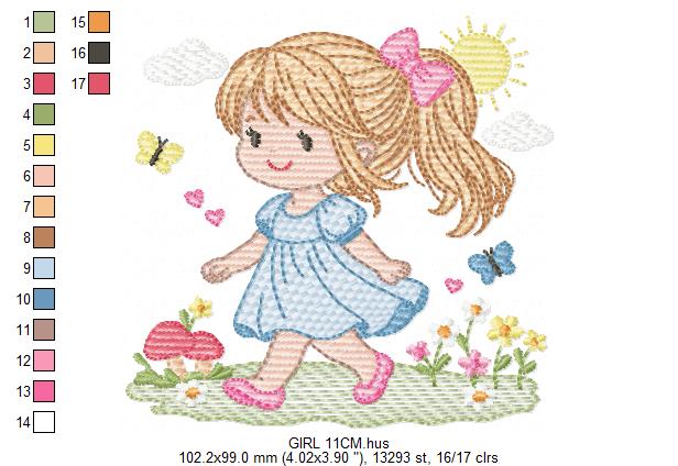 Girl with curly hair and flowers embroidery designs - Princess machine embroidery pattern - Girl with lace and hearts - Instant download pes (Copy) Marcia Embroidery