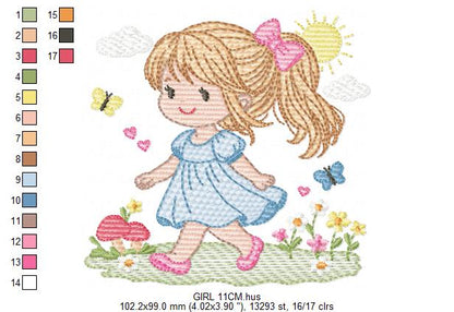 Girl with curly hair and flowers embroidery designs - Princess machine embroidery pattern - Girl with lace and hearts - Instant download pes (Copy) Marcia Embroidery