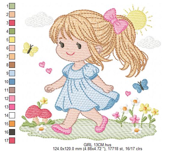 Girl with curly hair and flowers embroidery designs - Princess machine embroidery pattern - Girl with lace and hearts - Instant download pes (Copy) Marcia Embroidery