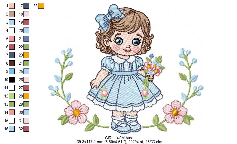 Baby Doll embroidery design - Girl with flowers and lace machine embroidery pattern - Princess embroidery file - Instant digital download pes jef