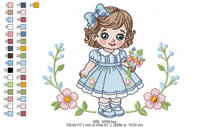 Baby Doll embroidery design - Girl with flowers and lace machine embroidery pattern - Princess embroidery file - Instant digital download pes jef