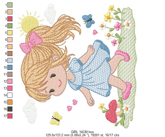 Girl with curly hair and flowers embroidery designs - Princess machine embroidery pattern - Girl with lace and hearts - Instant download pes (Copy) Marcia Embroidery