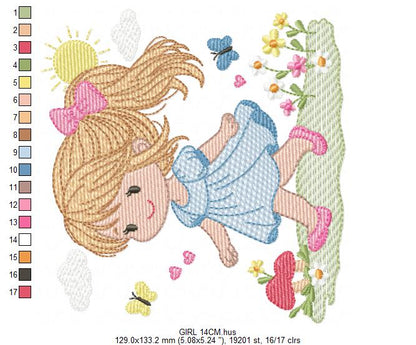 Girl with curly hair and flowers embroidery designs - Princess machine embroidery pattern - Girl with lace and hearts - Instant download pes (Copy) Marcia Embroidery