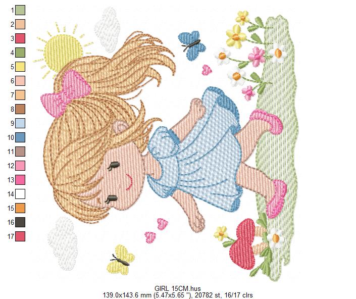 Girl with curly hair and flowers embroidery designs - Princess machine embroidery pattern - Girl with lace and hearts - Instant download pes (Copy) Marcia Embroidery