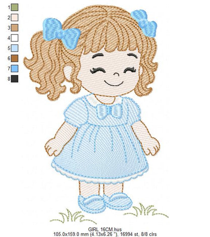 Baby girl embroidery designs - Toddler embroidery design machine embroidery pattern - Girl with curly hair - instant download