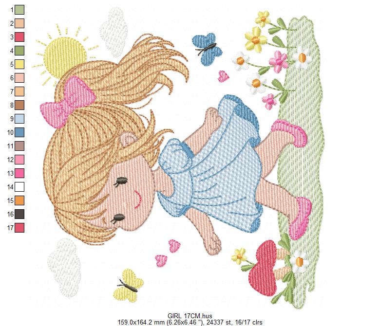 Girl with curly hair and flowers embroidery designs - Princess machine embroidery pattern - Girl with lace and hearts - Instant download pes (Copy) Marcia Embroidery