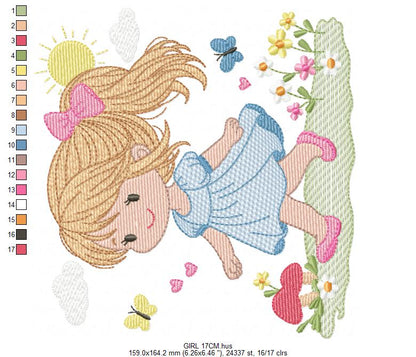 Girl with curly hair and flowers embroidery designs - Princess machine embroidery pattern - Girl with lace and hearts - Instant download pes (Copy) Marcia Embroidery