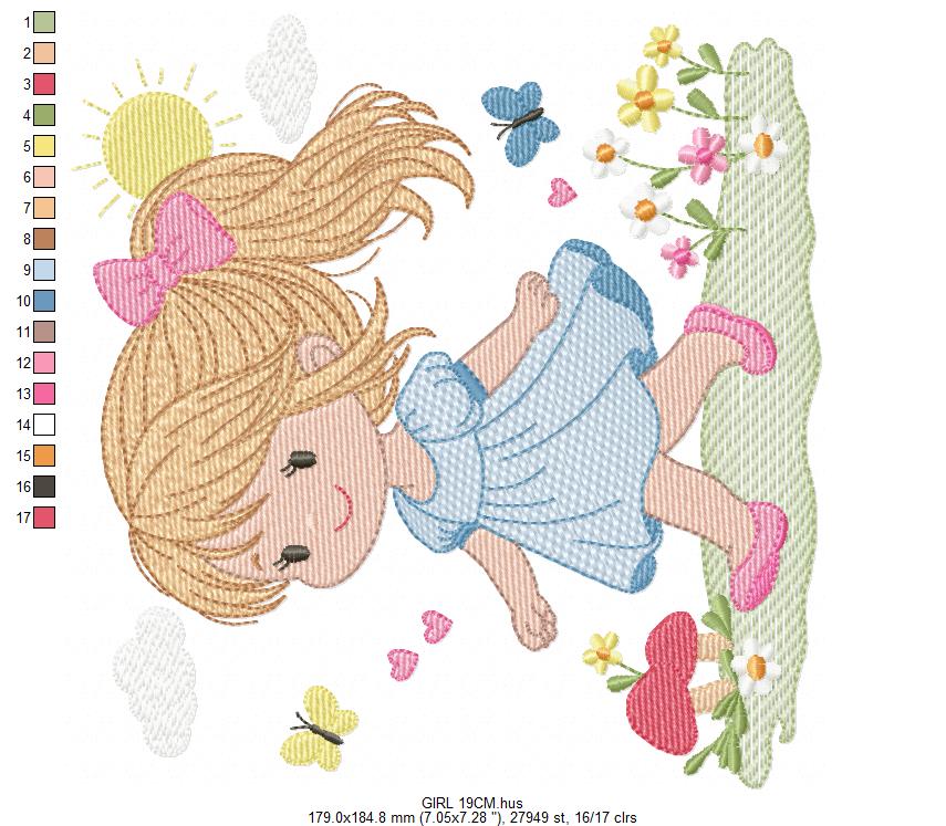 Girl with curly hair and flowers embroidery designs - Princess machine embroidery pattern - Girl with lace and hearts - Instant download pes (Copy) Marcia Embroidery