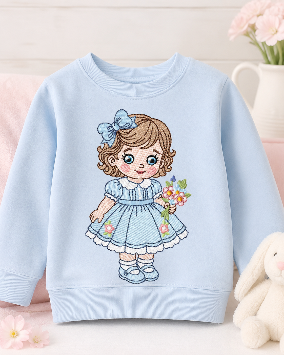 Baby Doll embroidery design - Girl with flowers and lace machine embroidery pattern - Princess embroidery file - Instant digital download pes jef