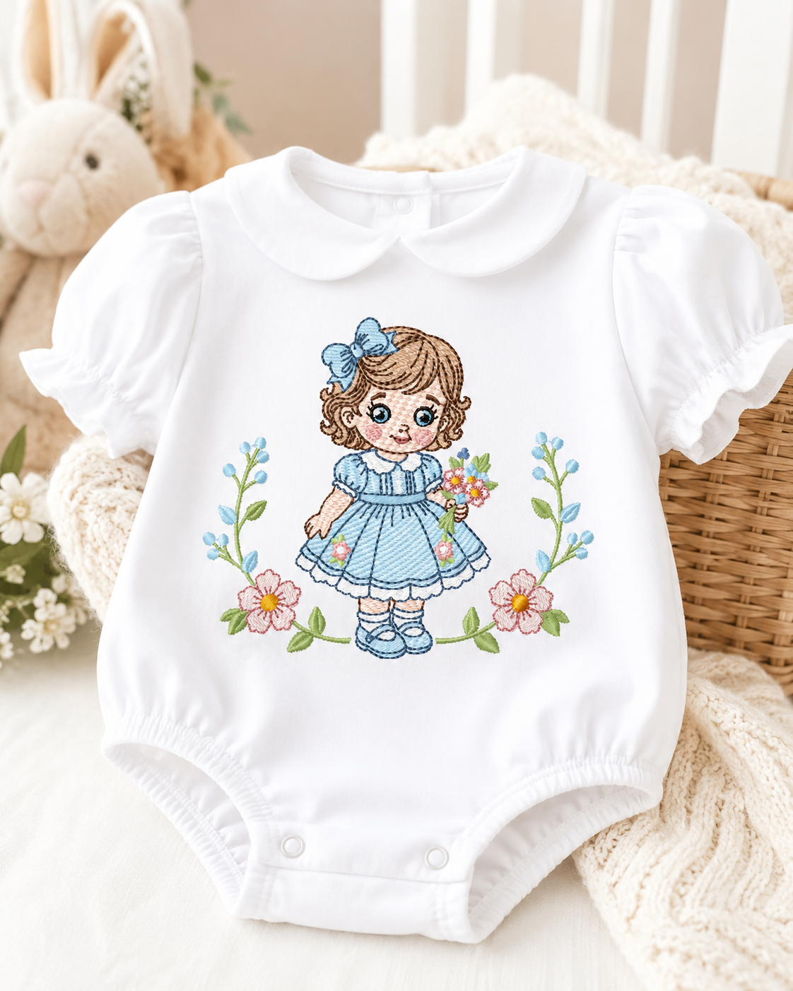 Baby Doll embroidery design - Girl with flowers and lace machine embroidery pattern - Princess embroidery file - Instant digital download pes jef