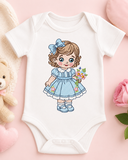 Baby Doll embroidery design - Girl with flowers and lace machine embroidery pattern - Princess embroidery file - Instant digital download pes jef