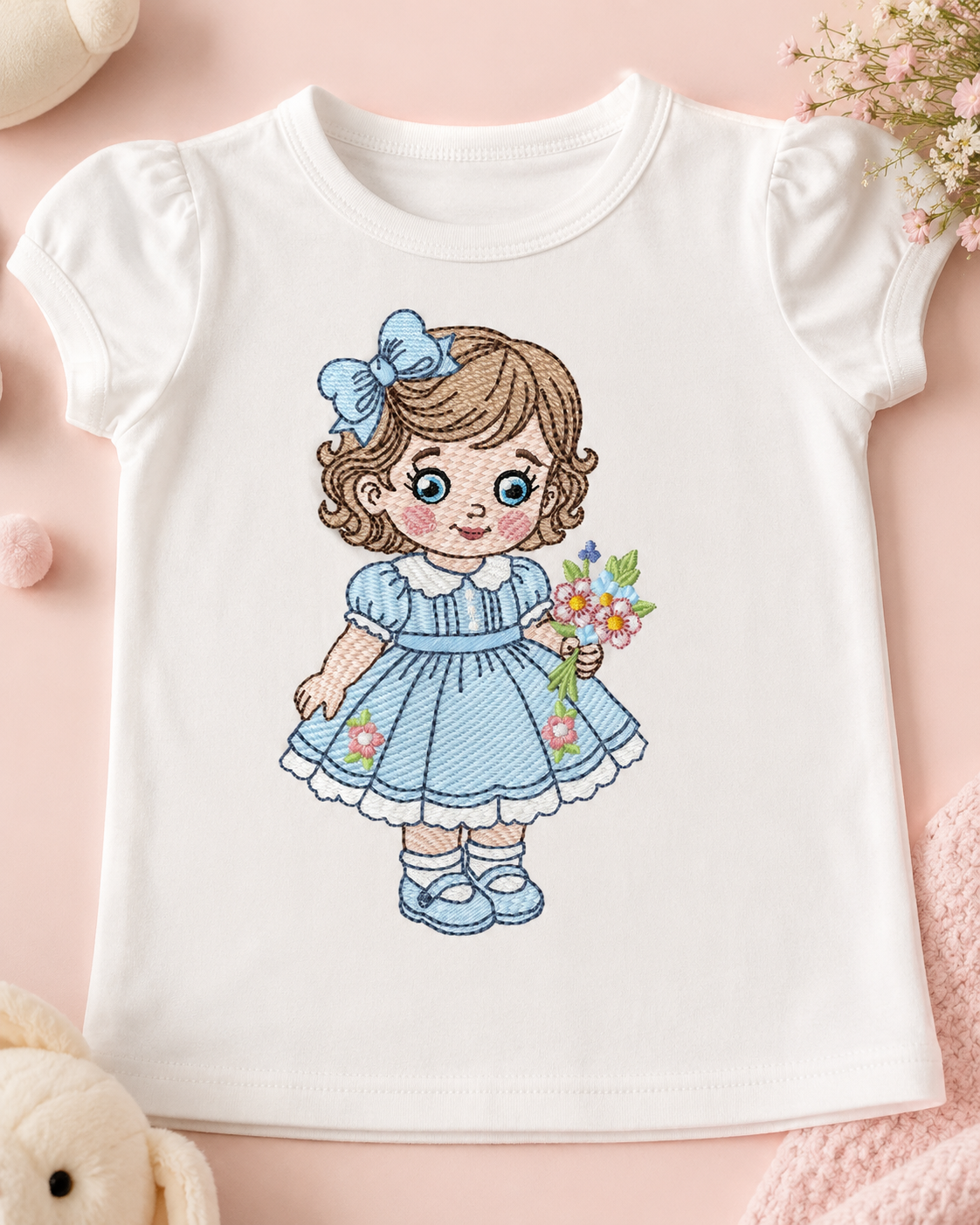 Baby Doll embroidery design - Girl with flowers and lace machine embroidery pattern - Princess embroidery file - Instant digital download pes jef
