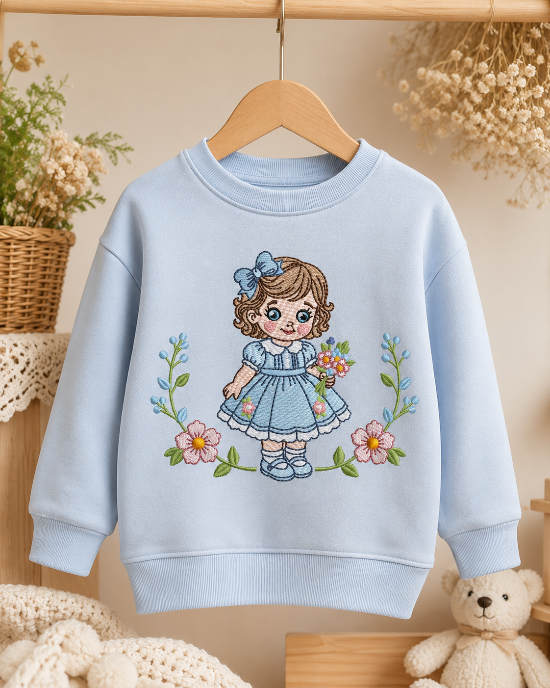 Baby Doll embroidery design - Girl with flowers and lace machine embroidery pattern - Princess embroidery file - Instant digital download pes jef