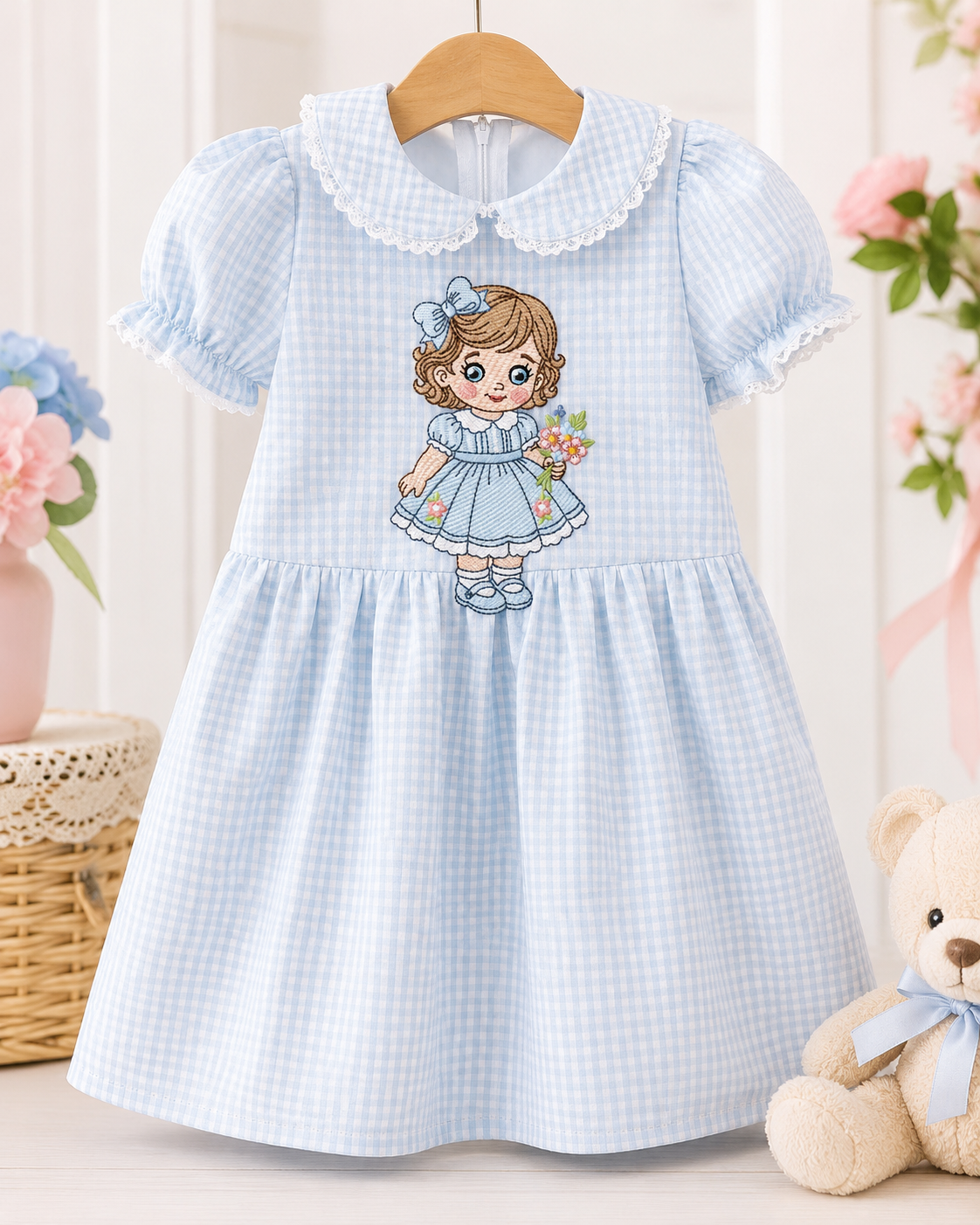 Baby Doll embroidery design - Girl with flowers and lace machine embroidery pattern - Princess embroidery file - Instant digital download pes jef