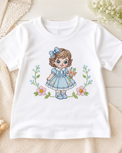 Baby Doll embroidery design - Girl with flowers and lace machine embroidery pattern - Princess embroidery file - Instant digital download pes jef