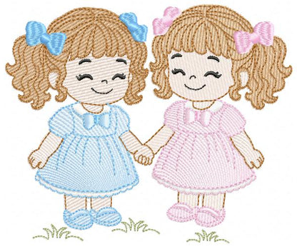 Baby girl embroidery design - Sisters machine embroidery pattern - Girl with long hair - instant download