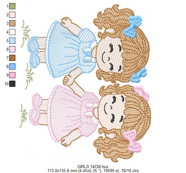 Baby girl embroidery design - Sisters machine embroidery pattern - Girl with long hair - instant download