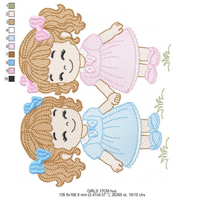 Baby girl embroidery design - Sisters machine embroidery pattern - Girl with long hair - instant download