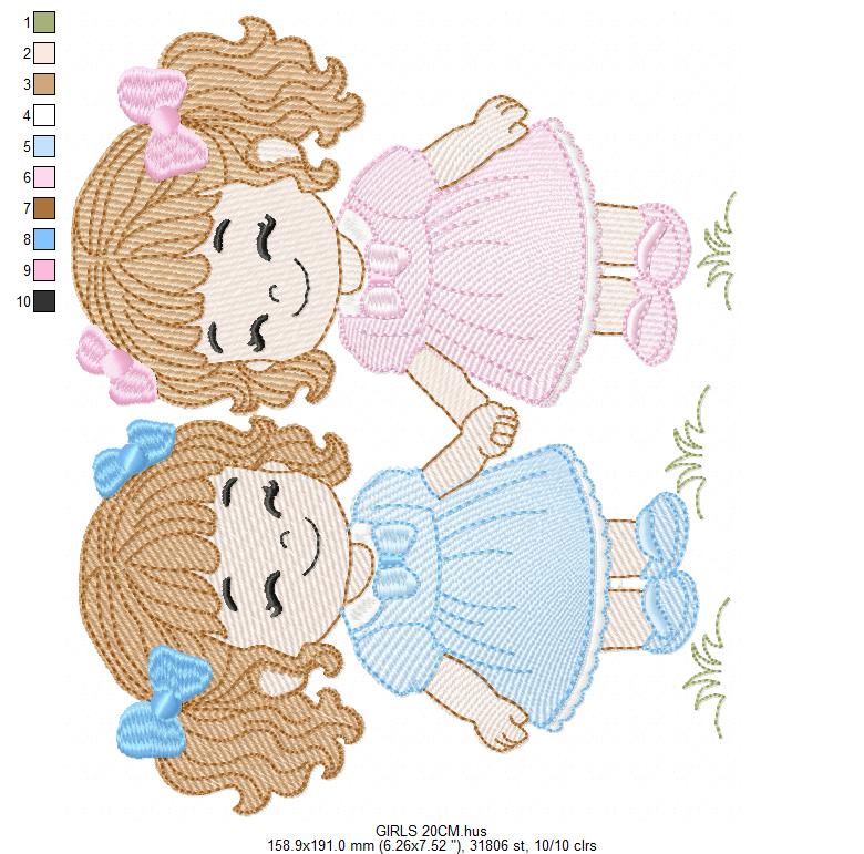 Baby girl embroidery design - Sisters machine embroidery pattern - Girl with long hair - instant download
