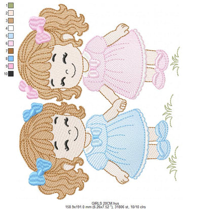 Baby girl embroidery design - Sisters machine embroidery pattern - Girl with long hair - instant download