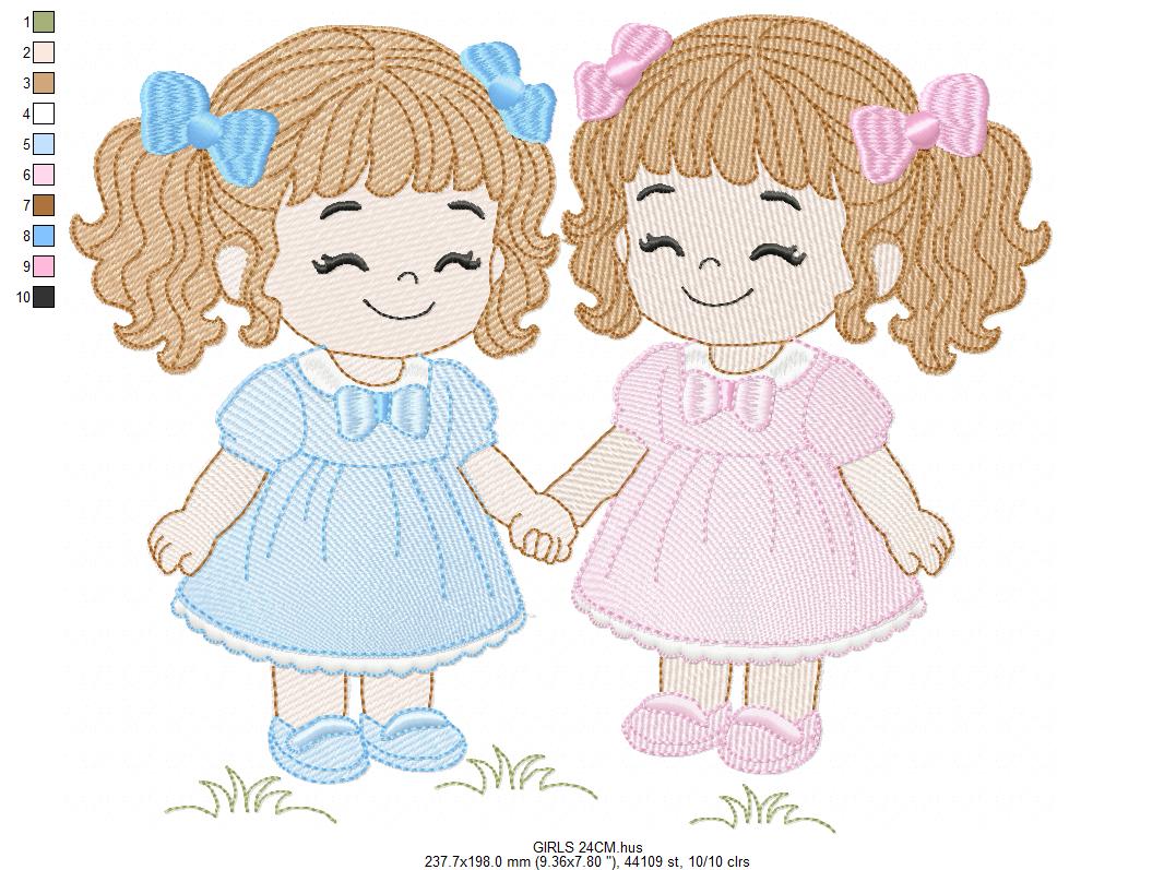 Baby girl embroidery design - Sisters machine embroidery pattern - Girl with long hair - instant download