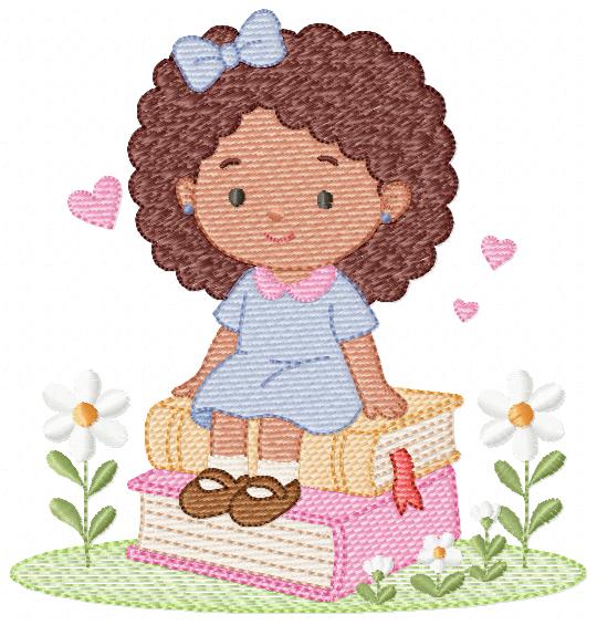 Baby girl with books embroidery design - Curly Black Hair Girl with flowers machine embroidery pattern - Princess embroidery - Instant digital download pes jef dst