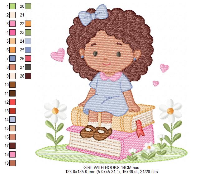 Baby girl with books embroidery design - Curly Black Hair Girl with flowers machine embroidery pattern - Princess embroidery - Instant digital download pes jef dst