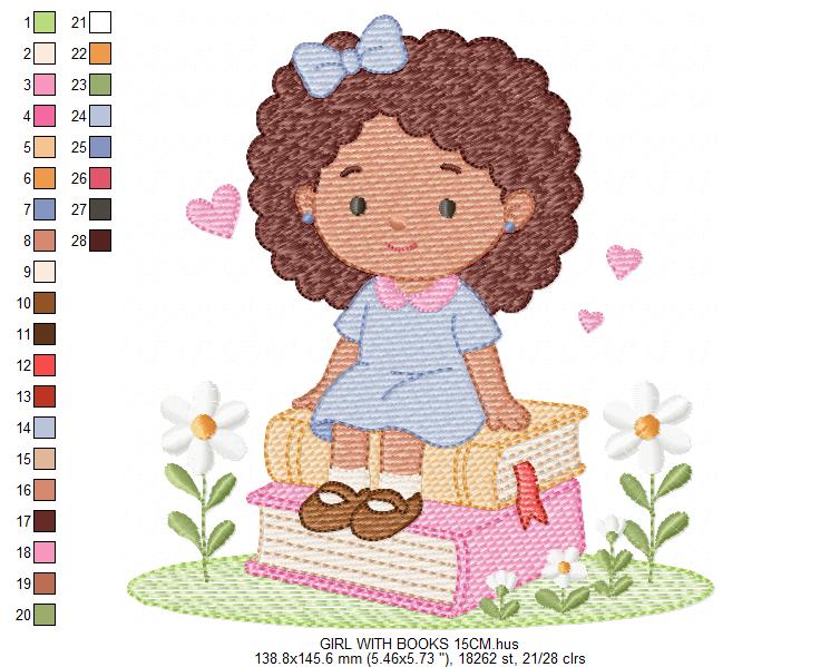 Baby girl with books embroidery design - Curly Black Hair Girl with flowers machine embroidery pattern - Princess embroidery - Instant digital download pes jef dst