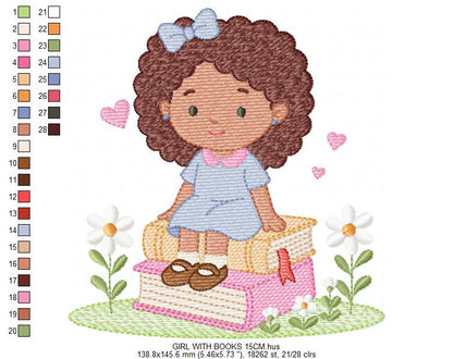 Baby girl with books embroidery design - Curly Black Hair Girl with flowers machine embroidery pattern - Princess embroidery - Instant digital download pes jef dst
