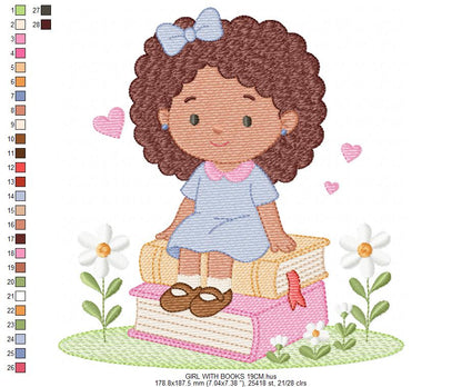 Baby girl with books embroidery design - Curly Black Hair Girl with flowers machine embroidery pattern - Princess embroidery - Instant digital download pes jef dst