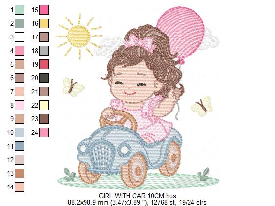 Baby girl embroidery designs - Child playing with toy car machine embroidery pattern - Princess with pacifier and balloon - Instant download (Copy)
