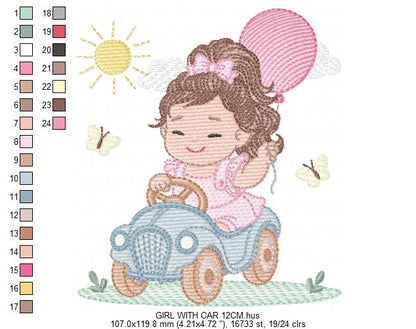 Baby girl embroidery designs - Child playing with toy car machine embroidery pattern - Princess with pacifier and balloon - Instant download (Copy)