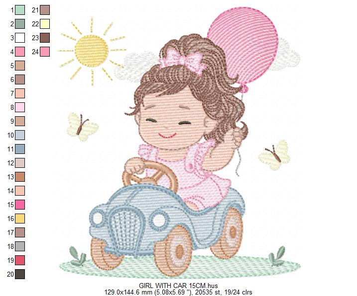 Baby girl embroidery designs - Child playing with toy car machine embroidery pattern - Princess with pacifier and balloon - Instant download (Copy)