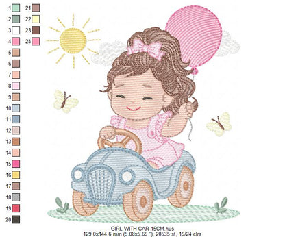 Baby girl embroidery designs - Child playing with toy car machine embroidery pattern - Princess with pacifier and balloon - Instant download (Copy)