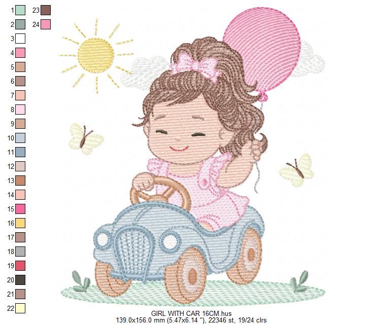 Baby girl embroidery designs - Child playing with toy car machine embroidery pattern - Princess with pacifier and balloon - Instant download (Copy)
