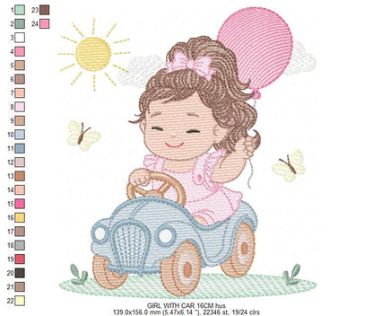 Baby girl embroidery designs - Child playing with toy car machine embroidery pattern - Princess with pacifier and balloon - Instant download (Copy)