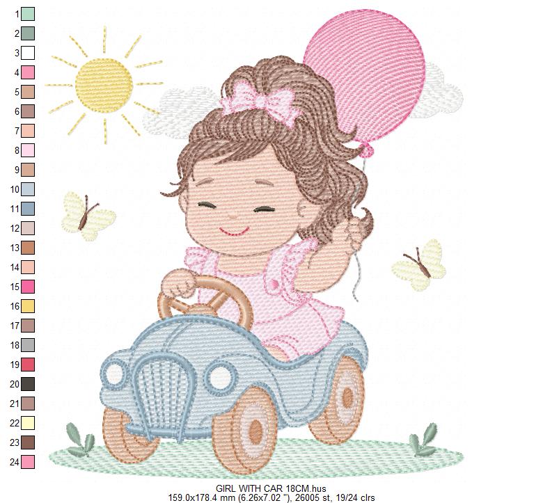 Baby girl embroidery designs - Child playing with toy car machine embroidery pattern - Princess with pacifier and balloon - Instant download (Copy)