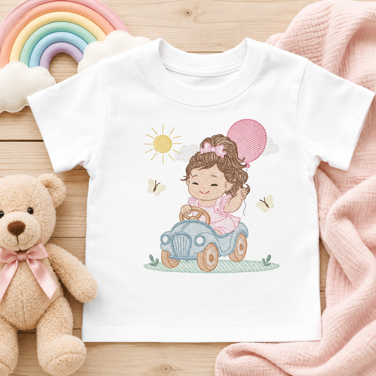 Baby girl embroidery designs - Child playing with toy car machine embroidery pattern - Princess with pacifier and balloon - Instant download (Copy)