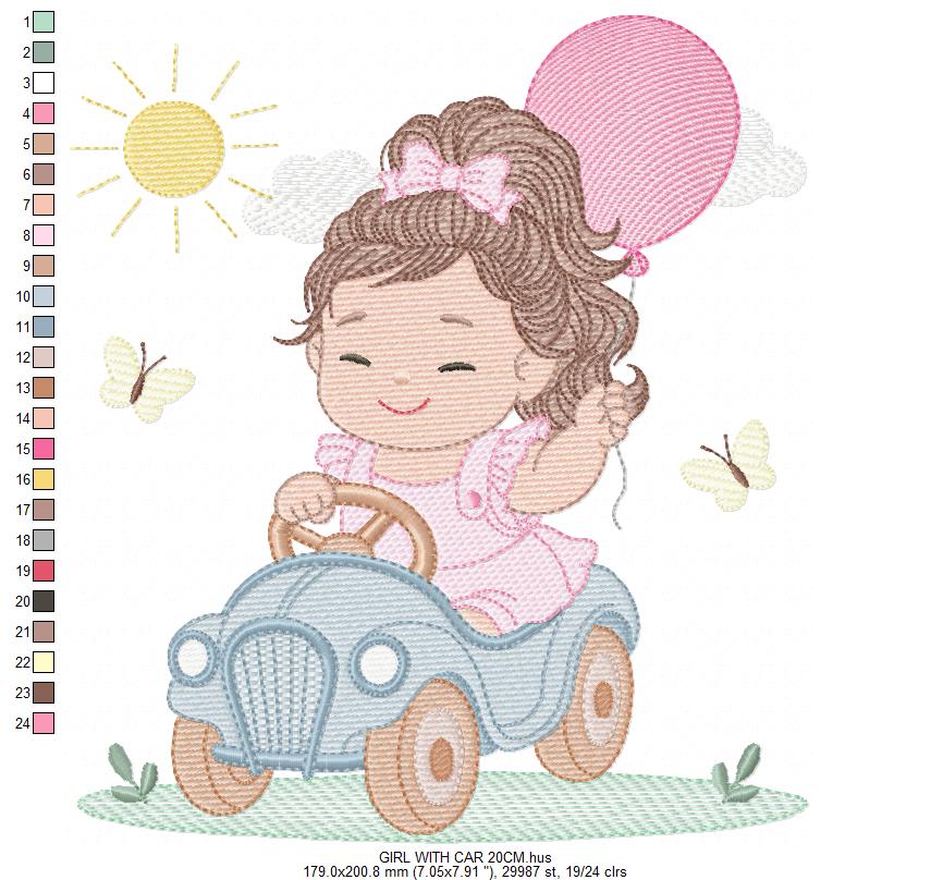 Baby girl embroidery designs - Child playing with toy car machine embroidery pattern - Princess with pacifier and balloon - Instant download (Copy)